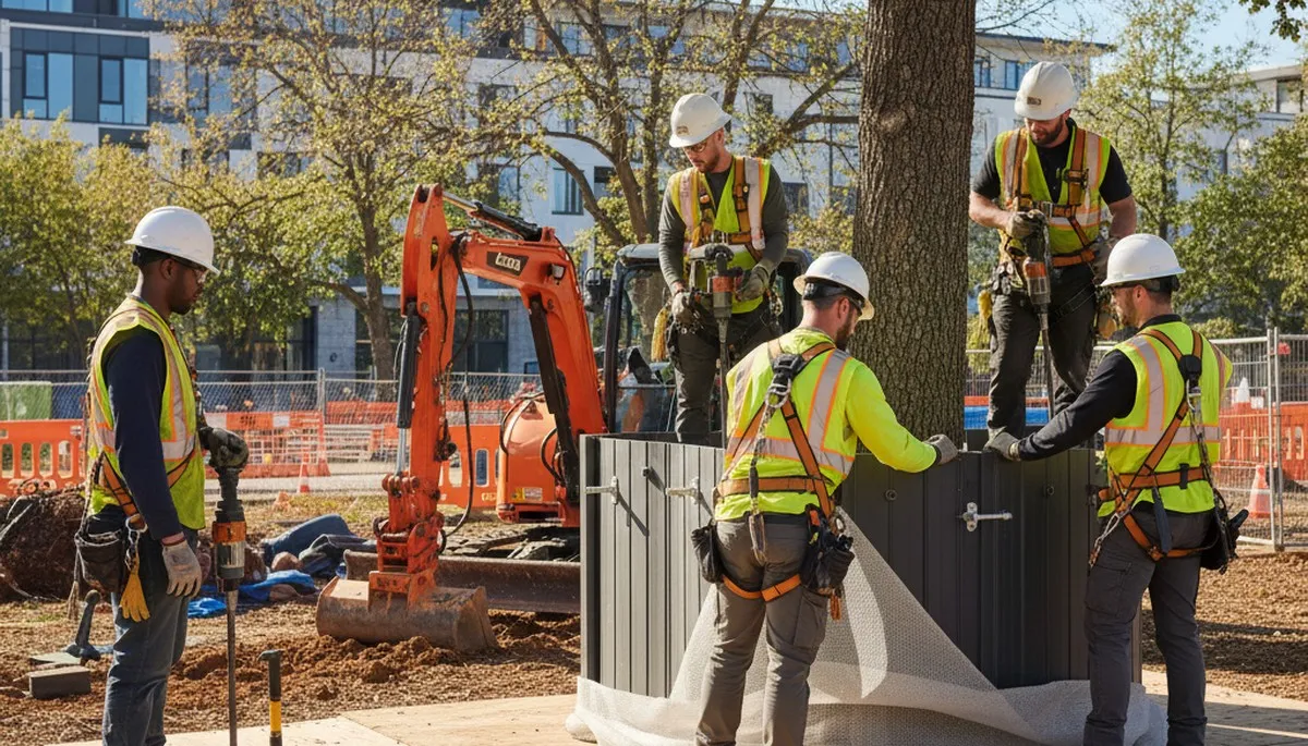 Tree service crew installing root protection in Dayton, OH to support healthy, stable trees