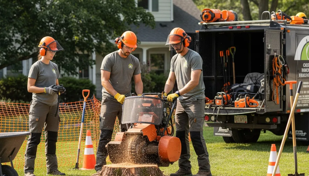 Stump removal service in Dayton, OH clearing an old tree stump from a residential yard