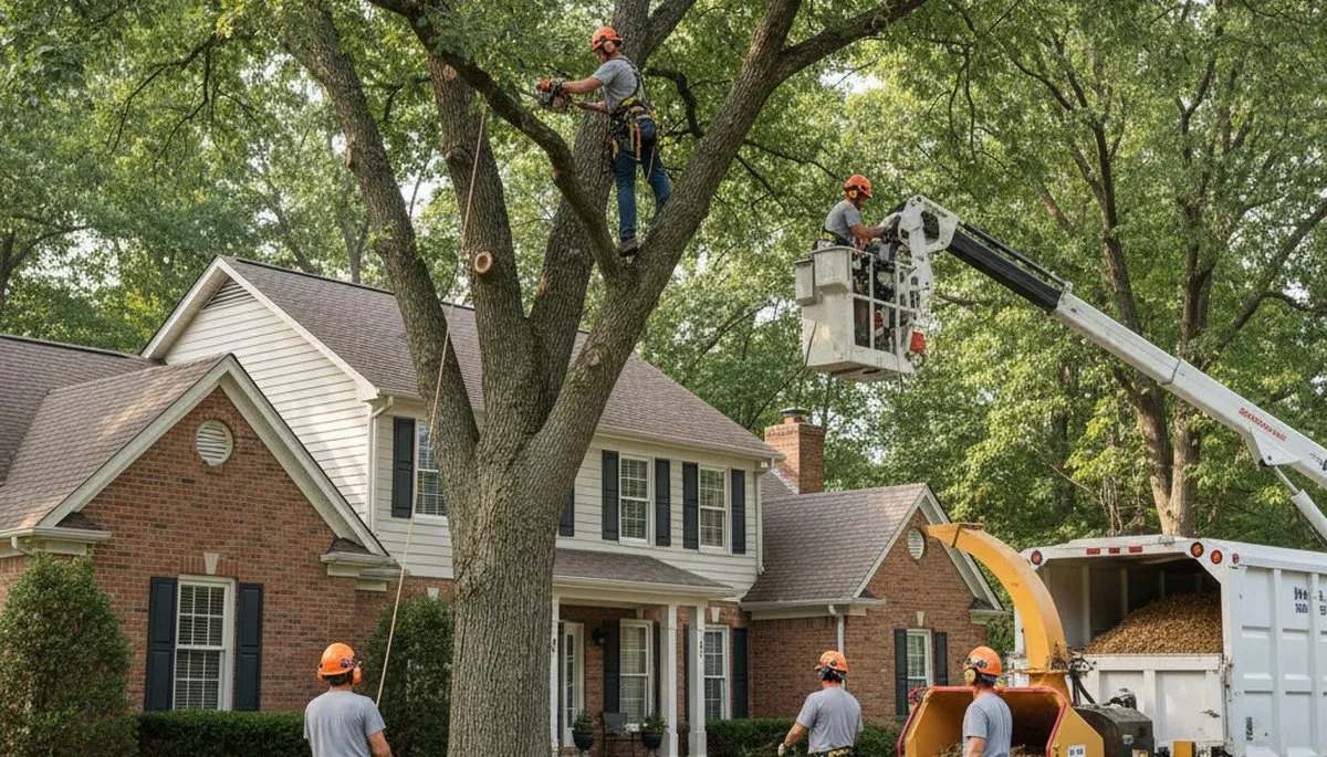 Tree service crew in Dayton, OH removing a tree for safe residential property cleanup