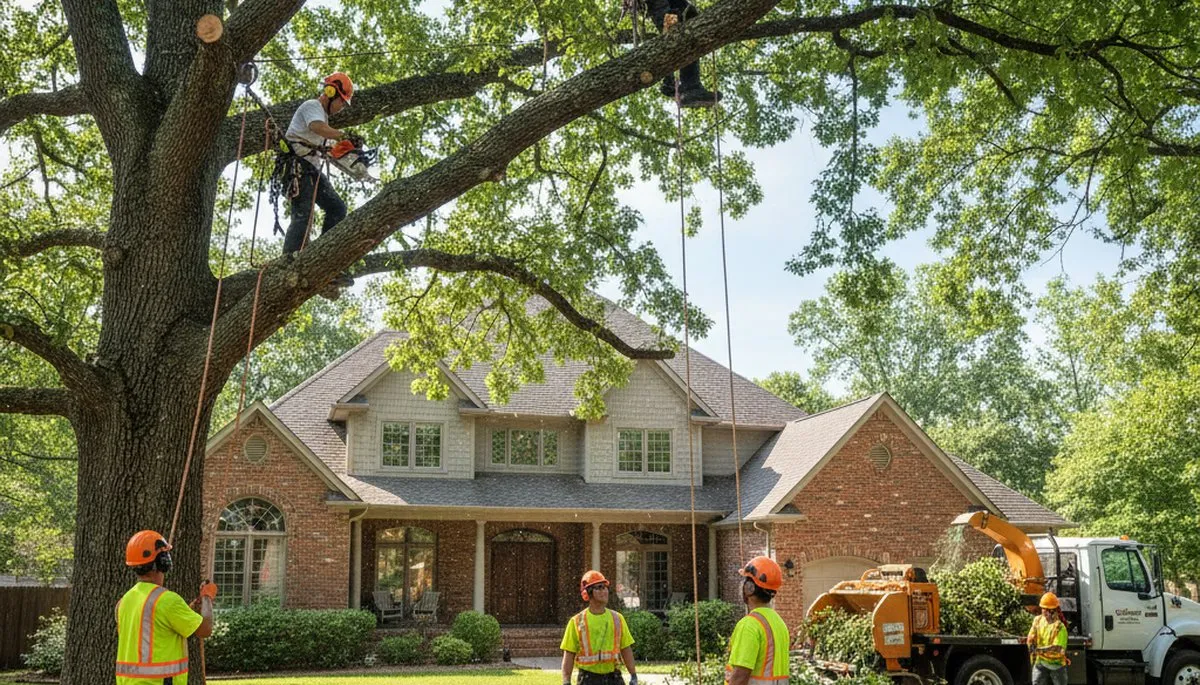 Tree service crew removing a tree in Dayton, OH with professional equipment