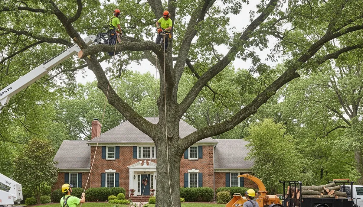 Tree service crew removing a tree in Dayton, OH for safe residential property cleanup