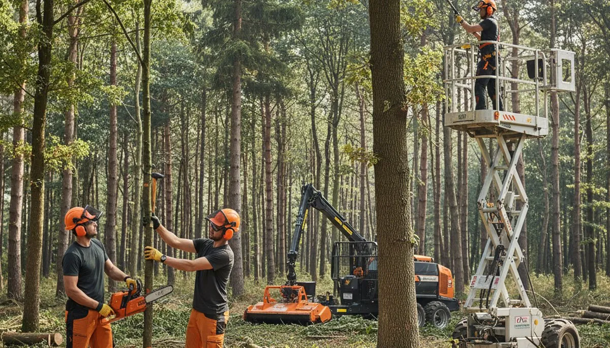 Woodlot management crew clearing overgrown trees in Dayton, OH for safer, healthier land conservation